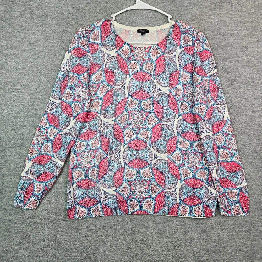 Talbots Petite Pink Blue Paisley Medallion Cotton Tencel Knit Sweater MP